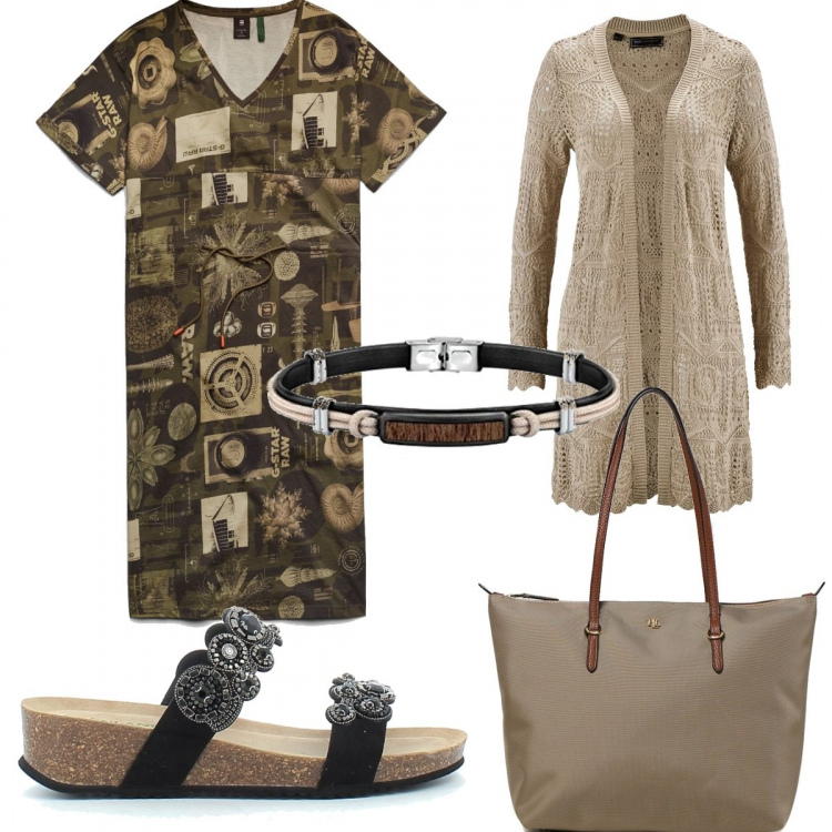 Outfit donna - Colori neutri in stile etnico. Stile Etnico per Tutti i giorni. Abbinamento con cardigans, shopping bag, vestiti midi/longuette, zeppe, braccialetti.