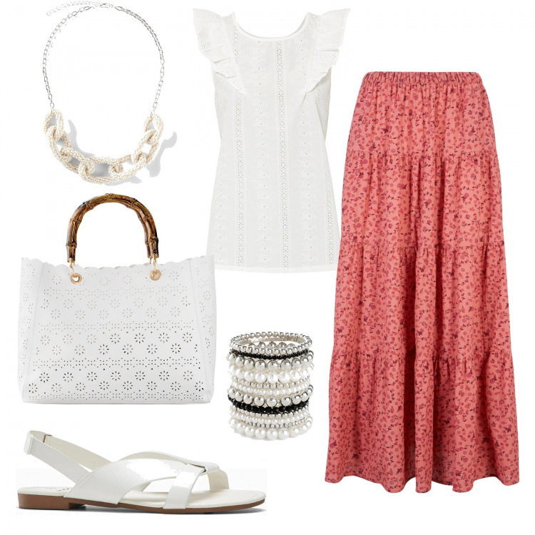 Outfit donna - Romantici fiorellini. Stile Romantica per Serata fuori. Abbinamento con sandali, braccialetti, gonne lunghe, bluse, borse a mano, collane.