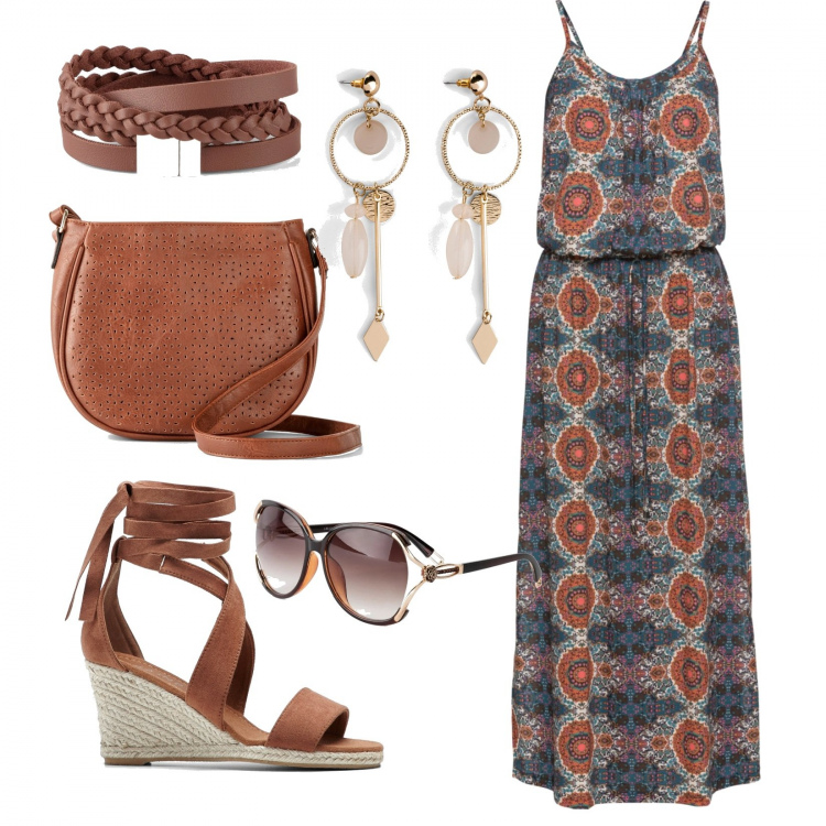 Outfit donna - L\'abito lungo. Stile Etnico per Serata fuori. Abbinamento con vestiti lunghi, occhiali da sole, orecchini, sandali, borse a tracolla, braccialetti.