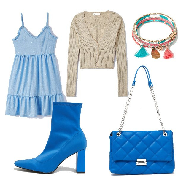 Outfit donna - Turchese my love. Stile Romantica per Tutti i giorni. Abbinamento con cardigans, vestiti corti, borse a spalla, scarpe col tacco, braccialetti.