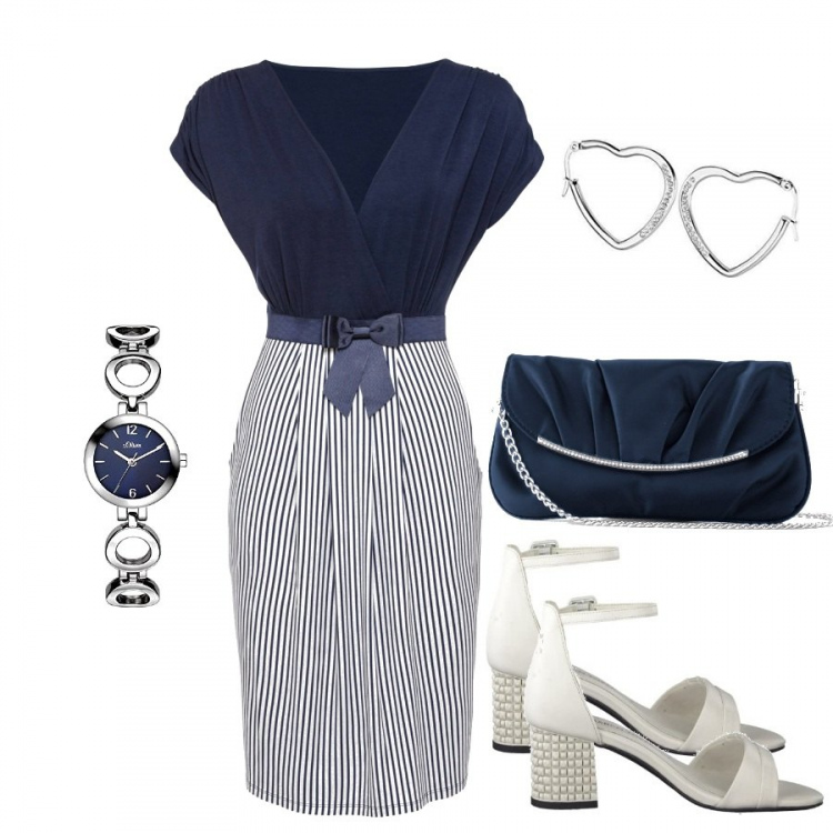 Outfit donna - Nel tocco del blu. Stile Bon Ton per Serata fuori. Abbinamento con vestiti, pochette, orologi, sandali col tacco, orecchini.