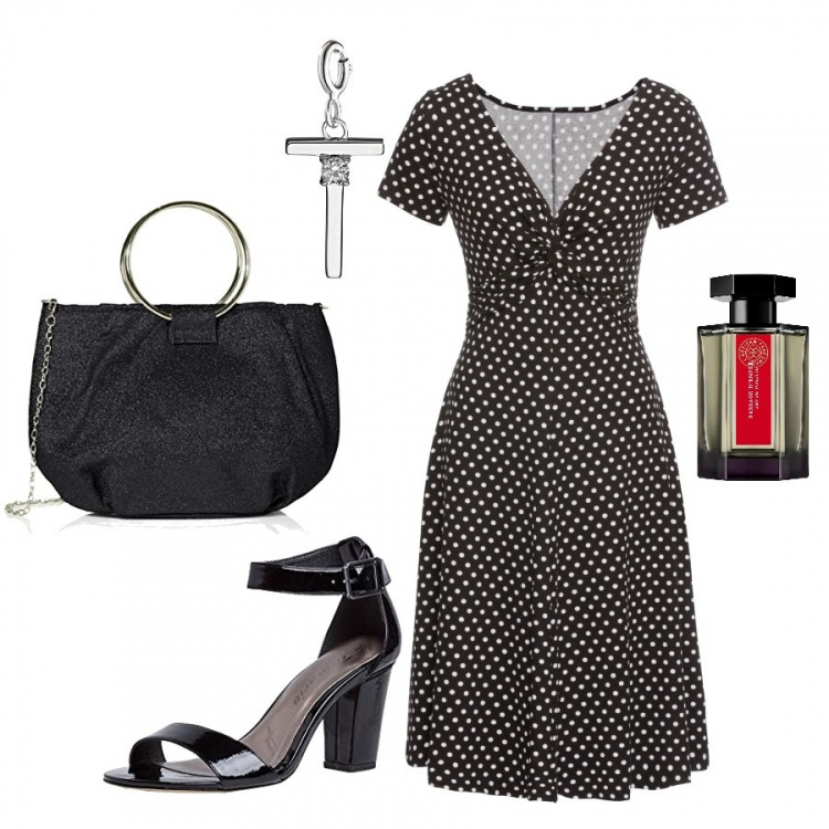 Outfit donna - Bon ton con vestito a pois. Stile Bon Ton per Serata fuori. Abbinamento con vestiti lunghi, sandali, pochette, ciondoli, profumi.