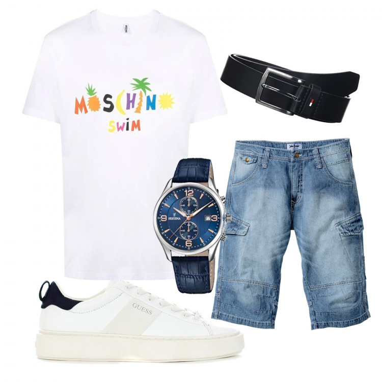 Outfit uomo - Allegro Moschino. Stile Casual per Tutti i giorni. Abbinamento con bermuda, t-shirt, sneakers, orologi, cinture.