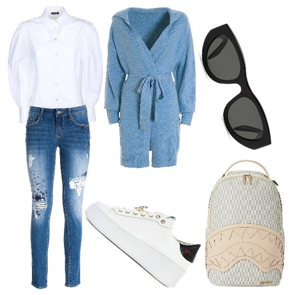 Outfit donna - Jeans e camicia. Stile Urban per Tutti i giorni. Abbinamento con sneakers, zaini, occhiali da sole, cardigans, camicie, jeans skinny.