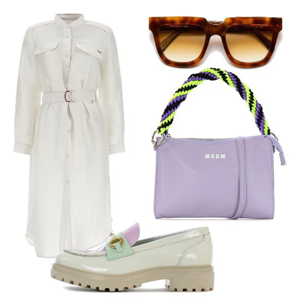 Outfit donna - Il mocassino estivo. Stile Trendy per Ufficio. Abbinamento con mocassini, pochette, occhiali da sole, vestiti chemisier.