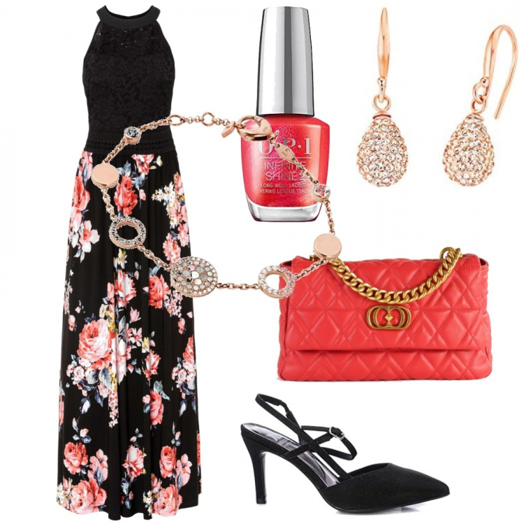Outfit donna - Fiori in agosto. Stile Romantica per Serata fuori. Abbinamento con vestiti lunghi, borse a tracolla, sandali col tacco, orecchini, braccialetti, smalti.