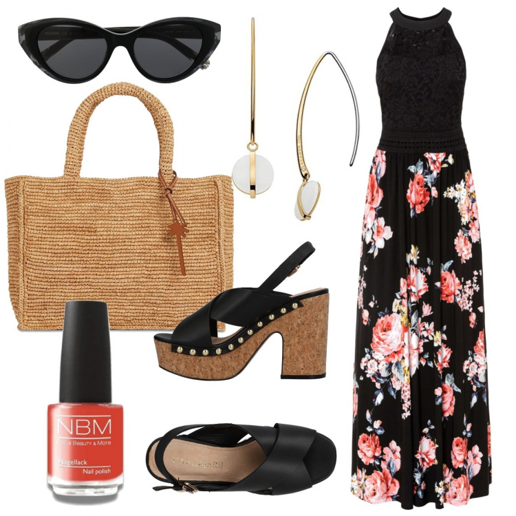 Outfit donna - Agosto in fiore. Stile Vintage retrò per Tutti i giorni. Abbinamento con vestiti lunghi, sandali col tacco, occhiali da sole, smalti, orecchini, shopping bag.