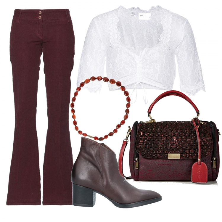 Outfit donna - Serata al locale. Stile Vintage retrò per Serata fuori. Abbinamento con pantaloni, stivaletti, camicie, collane, borse a mano.