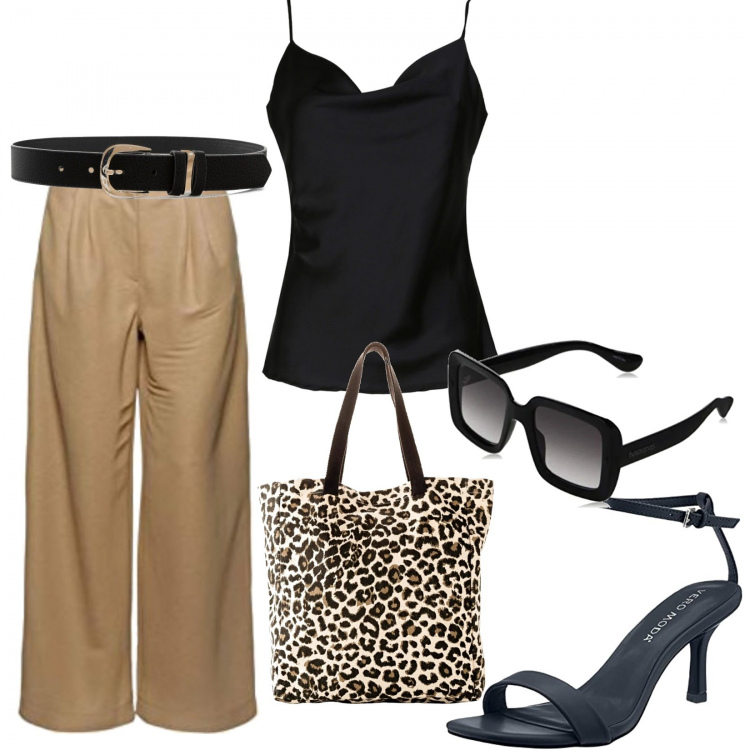 Outfit donna - Total look #1387220. Stile Casual per Ufficio. Abbinamento con cinture, shopping bag, top, sandali col tacco, pantaloni, occhiali da sole.