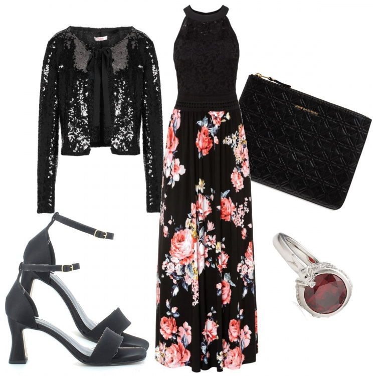 Outfit donna - Eleganza in paillettes. Stile Chic per Serata fuori. Abbinamento con vestiti lunghi, blazer, sandali col tacco, anelli, pochette.