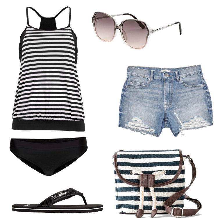 Outfit donna - On the Boat. Stile Casual per Mare. Abbinamento con infradito, borse a mano, costumi interi, occhiali da sole, pantaloni corti.