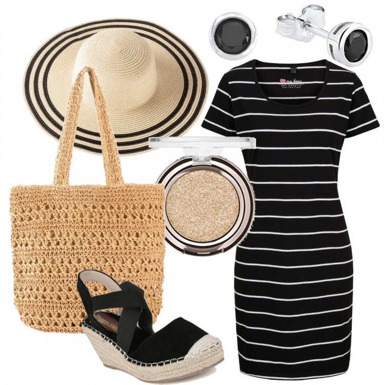 Outfit donna - In vacanza. Stile Basic per Tutti i giorni. Abbinamento con vestiti, cappelli, shopping bag, sandali col tacco, ombretti, orecchini.