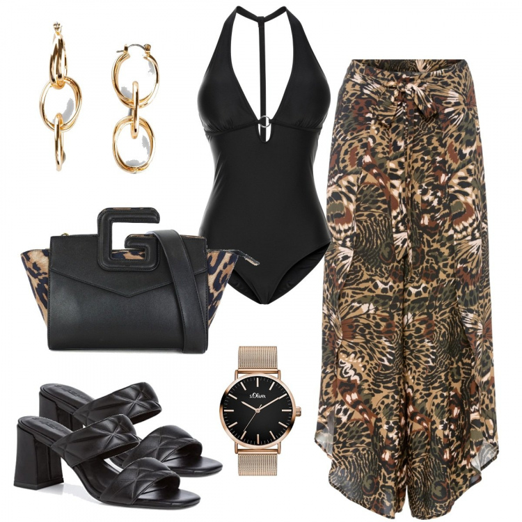 Outfit donna - Pool party. Stile Glamour per Serata fuori. Abbinamento con costumi interi, pantaloni a palazzo, orecchini, borse a mano, sandali col tacco, orologi.