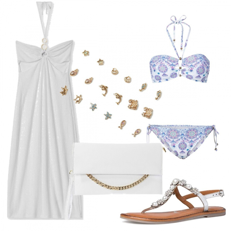 Outfit donna - Festa in spiaggia o a bordo piscina. Stile Casual chic Abbinamento con bikini, pochette, vestiti lunghi, orecchini, sandali col tacco.