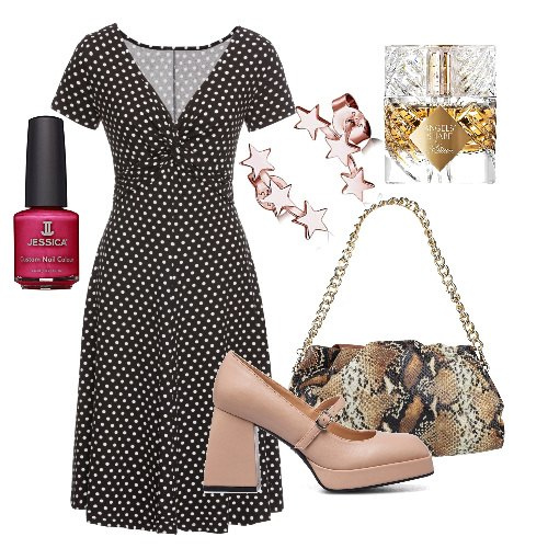 Outfit donna - Chic a pois. Stile Chic per Serata fuori. Abbinamento con vestiti lunghi, borse a mano, décolleté, orecchini, profumi, smalti.