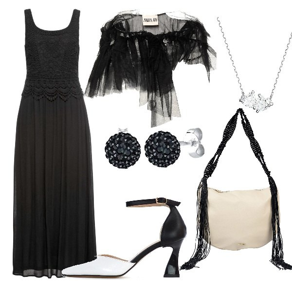 Outfit donna - Gran galà in bianco e nero. Stile Chic per Cerimonia. Abbinamento con bolero, borse a mano, vestiti midi/longuette, décolleté, orecchini, collane.