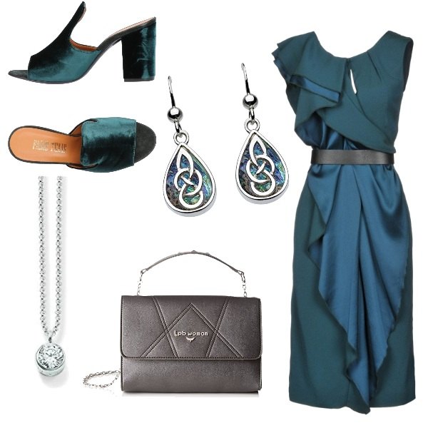 Outfit donna - CMPS Festival. Stile Chic per Serata fuori. look ideale per Petite. Abbinamento con vestito crêpe, sandali con tacco squadrato e punta tonda in velluto tinta unita, orecchini a goccia argento, pochette, collana in argento 925 bianco.