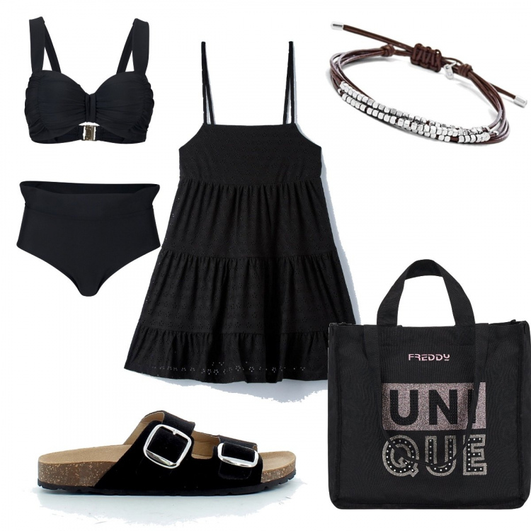 Outfit donna - Total black a in vacanza. Stile Trendy per Mare. Abbinamento con bikini, vestiti, shopping bag, sandali in pelle, braccialetti.