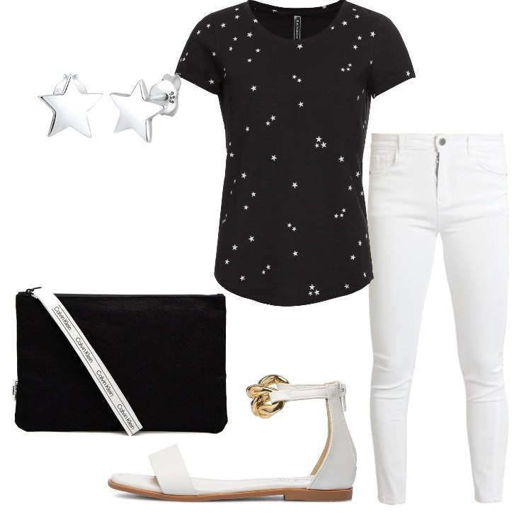 Outfit donna - San Lorenzo a caccia di stelle. Stile Basic per Serata fuori. Abbinamento con maglieria, pantaloni, pochette, sandali in pelle, orecchini.
