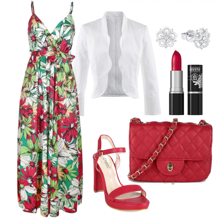 Outfit donna - Hawaiian party in Agosto. Stile Romantica per Serata fuori. Abbinamento con blazer, vestiti lunghi, sandali in pelle, borse a mano, rossetti, orecchini.