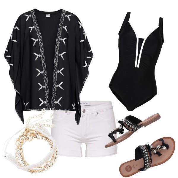 Outfit donna - Perfetta al mare con poca spesa. Stile Trendy per Tutti i giorni. Abbinamento con costumi interi, casacca con ricamo a maniche corte nero, bracciale oro, infradito con strass fantasia multicolore con perline senza tacco con punta tonda, shorts con tasche bianco.