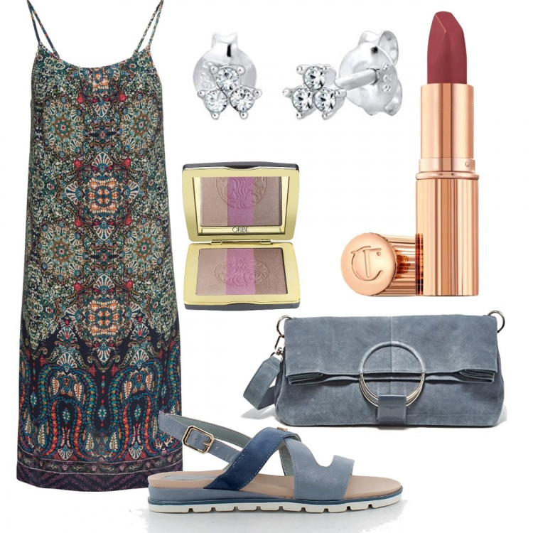 Outfit donna - Total look #1388212. Stile Basic per Mare. Abbinamento con vestiti, rossetti, sandali, orecchini, pochette, blush.