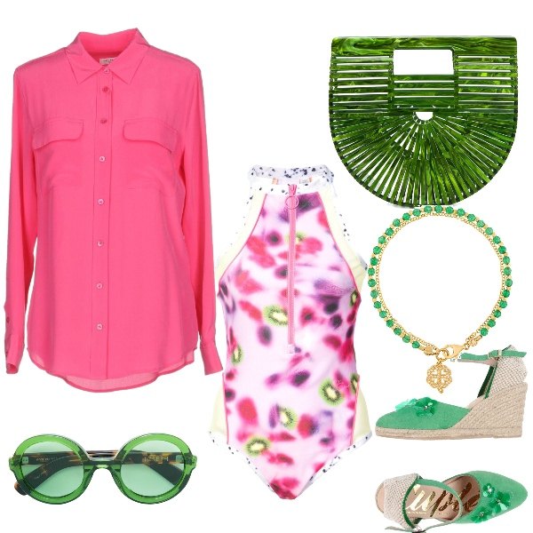 Outfit donna - Kiwi i love. Stile Trendy per Mare. Abbinamento con camicia collo classico a maniche lunghe in seta tinta unita, espadrillas con zeppe effetto scamosciato con cinturino interno in pelle con punta tonda tinta unita, occhiali da sole effetto acetato taglia unica verde, braccialetti, costume rosa e viola, borsa a mano tote taglia unica verde.