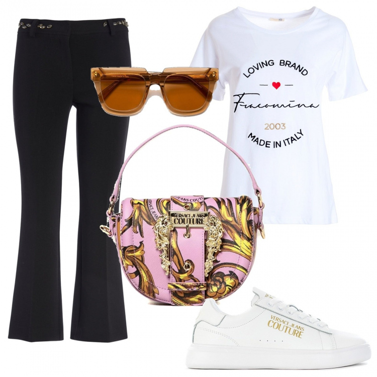 Outfit donna - Comodità. Stile Casual chic per Tutti i giorni. Abbinamento con sneakers, borse a mano, occhiali da sole, pantaloni capri, t-shirt.