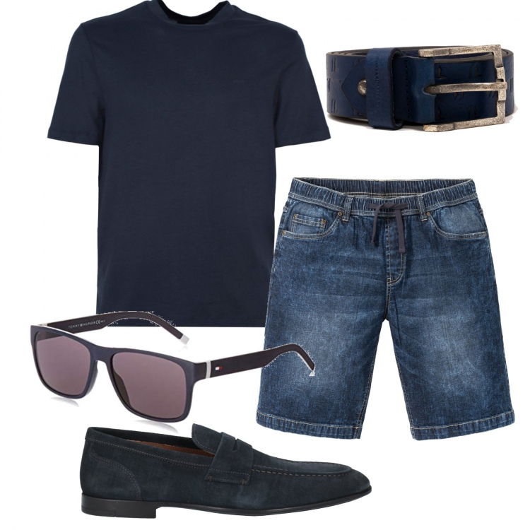 Outfit uomo - Sabato pomeriggio. Stile Casual per Tutti i giorni. Abbinamento con bermuda, scarpe stringate, cinture, t-shirt, occhiali da sole.