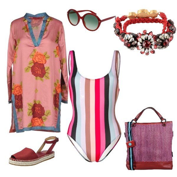 Outfit donna - Giappone stile. Stile Trendy per Mare. Abbinamento con caftano spacchetti laterali fantasia floreale collo coreana a maniche lunghe in raso, borsa a mano maxi fantasia con zip e manico con tasca interna, bracciale con strass, costume intero a righe multicolore, occhiali da sole, espadrillas con fibbia in pelle rosso.