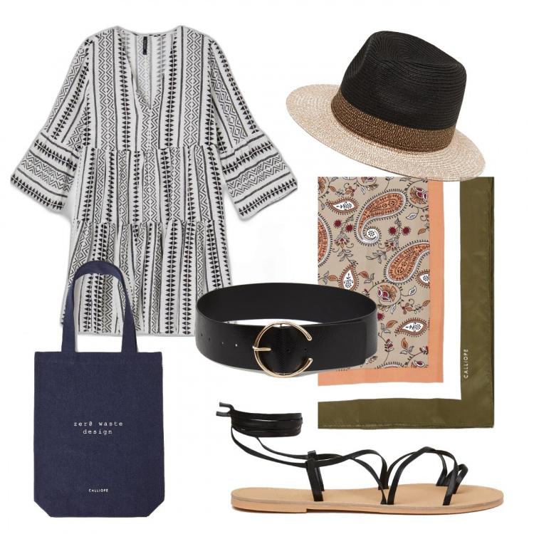 Outfit donna - Shopping tra i mercatini estivi. Stile Etnico per Mare. Abbinamento con vestiti corti, foulard, sandali alla schiava, shopping bag, cinture, cappelli.