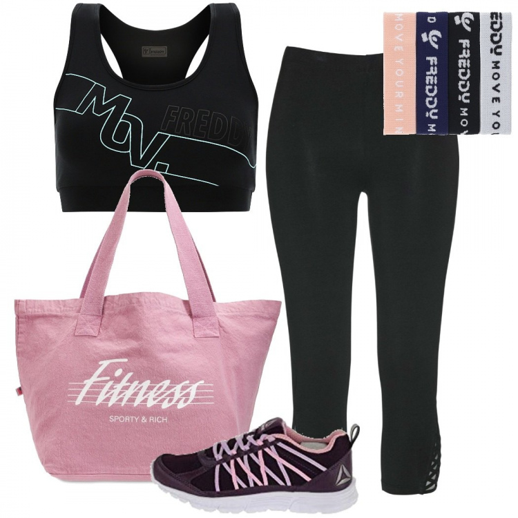 Outfit donna - Sport in vacanza. Stile Sporty chic per Sport. Abbinamento con leggings, braccialetti, reggiseni, scarpe sportive, borse sportive.
