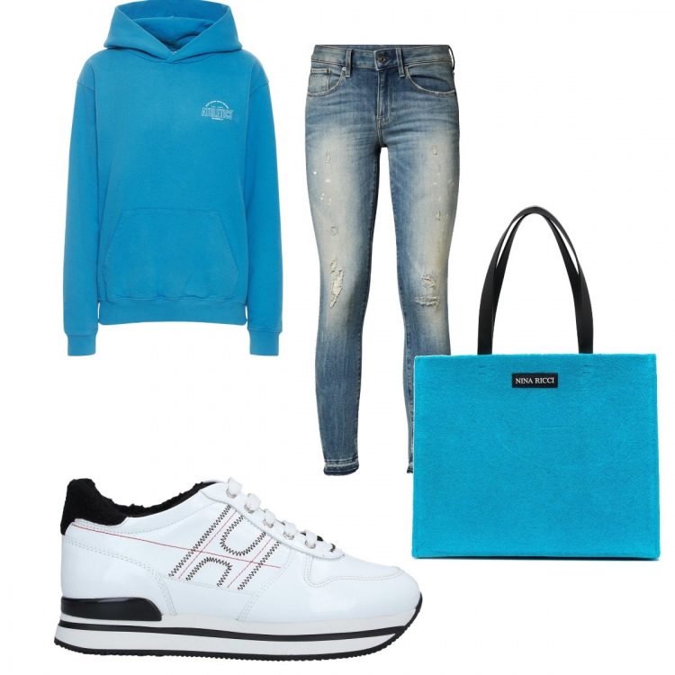 Outfit donna - Borsa e felpa abbinate. Stile Casual per Tutti i giorni. Abbinamento con sneakers, jeans skinny, borse tote, felpe con cappuccio.
