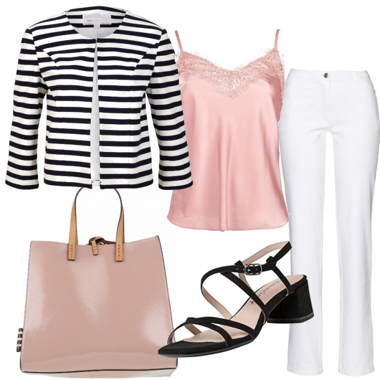 Outfit donna - Con il blazer a righe. Stile Bon Ton per Ufficio. Abbinamento con pantaloni, blazer, borse a mano, top, sandali col tacco.