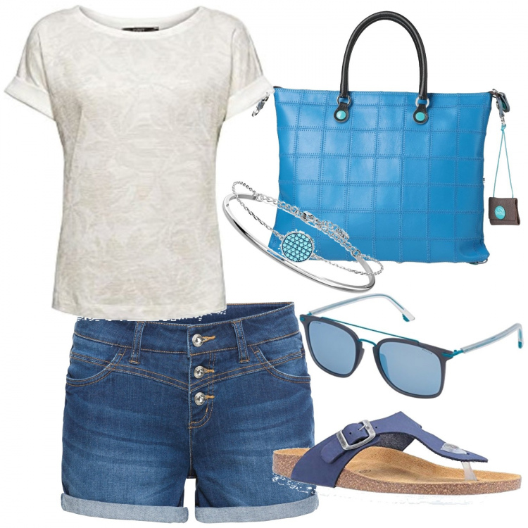 Outfit donna - Estiva e comoda. Stile Trendy per Mare. Abbinamento con shorts, borse a mano, t-shirt, infradito, occhiali da sole, ciondoli.