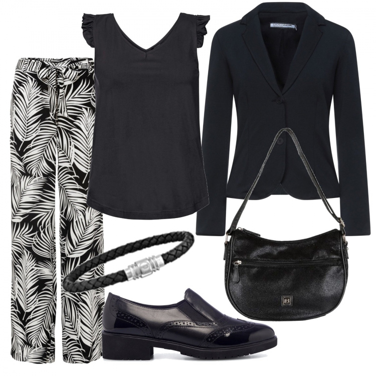 Outfit donna - Una cena di lavoro. Stile Bon Ton per Serata fuori. Abbinamento con top, pantaloni a palazzo, blazer, borse a spalla, scarpe stringate, braccialetti.