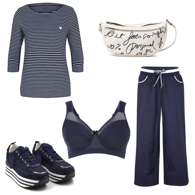 Outfit donna - Intramontabile blu in versione sportiva. Stile Casual per Tutti i giorni. Abbinamento con reggiseni, pantaloni culotte, sneakers, borse a tracolla, camicie.