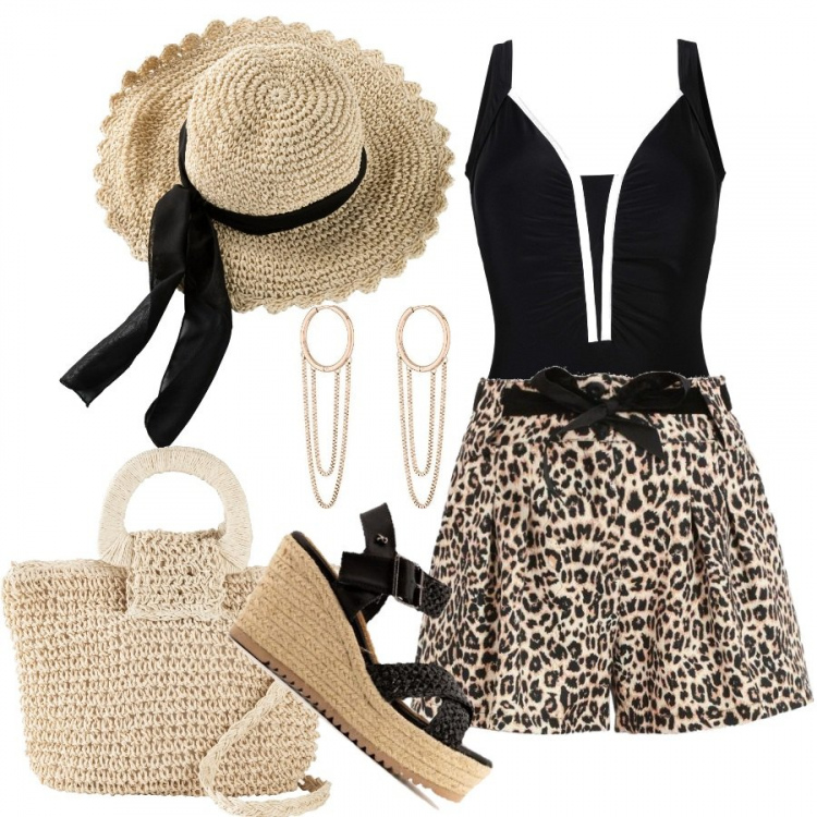 Outfit donna - In piscina con stile. Stile Casual per Mare. Abbinamento con cappotti, costumi interi, cappelli, shorts, infradito, orecchini.