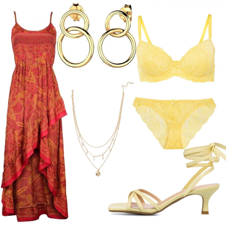 Outfit donna - Doja Cat, Vegas. Stile Boho per Serata fuori. Abbinamento con reggiseni, slip, vestiti asimmetrici, collane, sandali in pelle, orecchini.