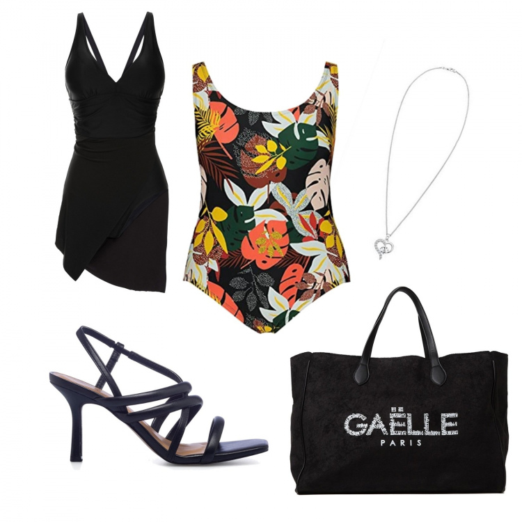 Outfit donna - Festa in piscina. Stile Basic per Mare. Abbinamento con vestiti da spiaggia, shopping bag, sandali in pelle, costumi interi, ciondoli.