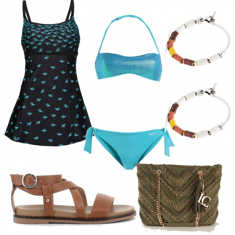 Outfit donna - Total look #mare. Stile Glamour per Mare. Abbinamento con vestiti da spiaggia, bikini, shopping bag, orecchini, sandali in pelle.