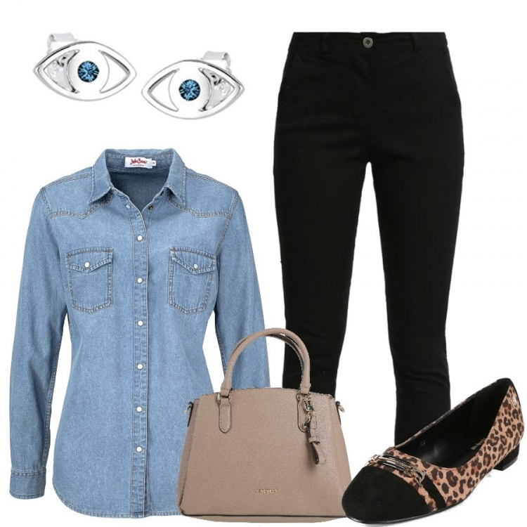 Outfit donna - Total look #1389037. Stile Casual per Scuola/Università. Abbinamento con camicie, borse a mano, ballerine, pantaloni, orecchini.