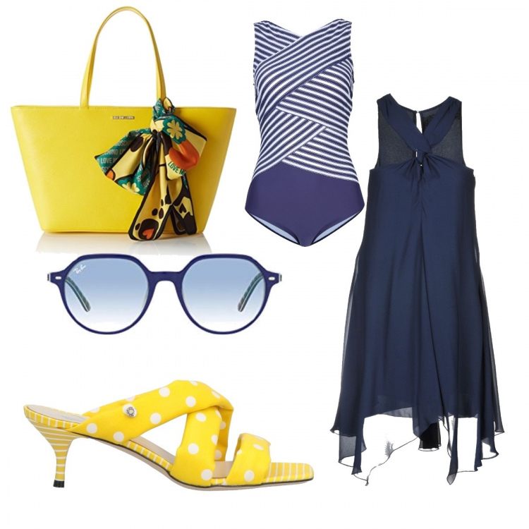 Outfit donna - Ultimo tuffo nel blu mare e giallo sole. Stile Casual chic per Mare. Abbinamento con costumi interi, vestiti corti, sandali in pelle, occhiali da sole, borse tote.