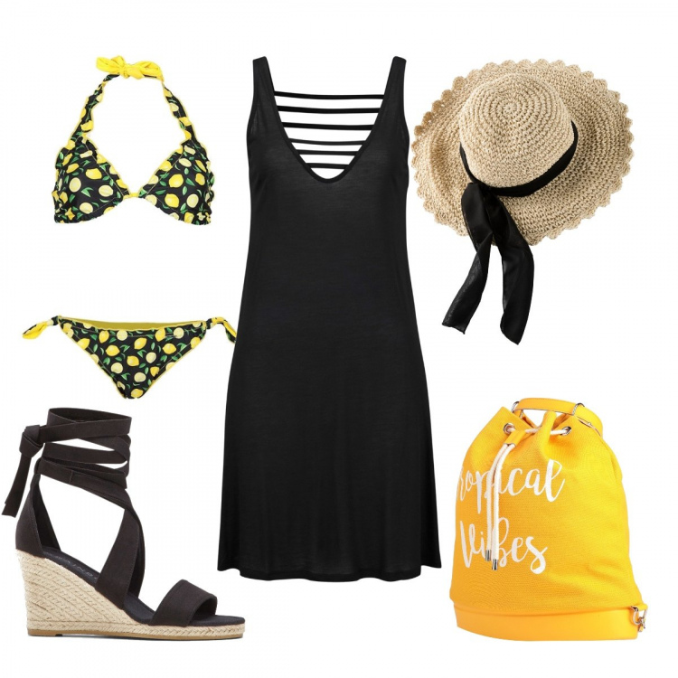 Outfit donna - Quale cappello scegli?. Stile Casual chic per Mare. look ideale per Petite. Abbinamento con vestiti da spiaggia, cappelli, sandali, zaini, bikini.