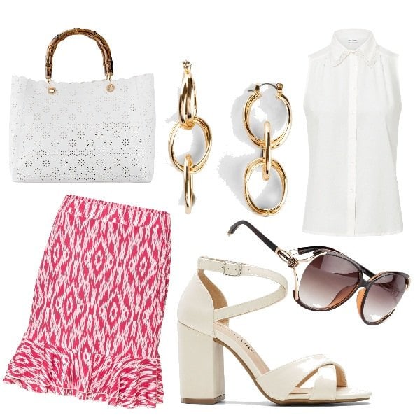 Outfit donna - Impegno di lavoro. Stile Bon Ton per Ufficio. Abbinamento con occhiali da sole, minigonne, sandali col tacco, top, borse a mano, orecchini.