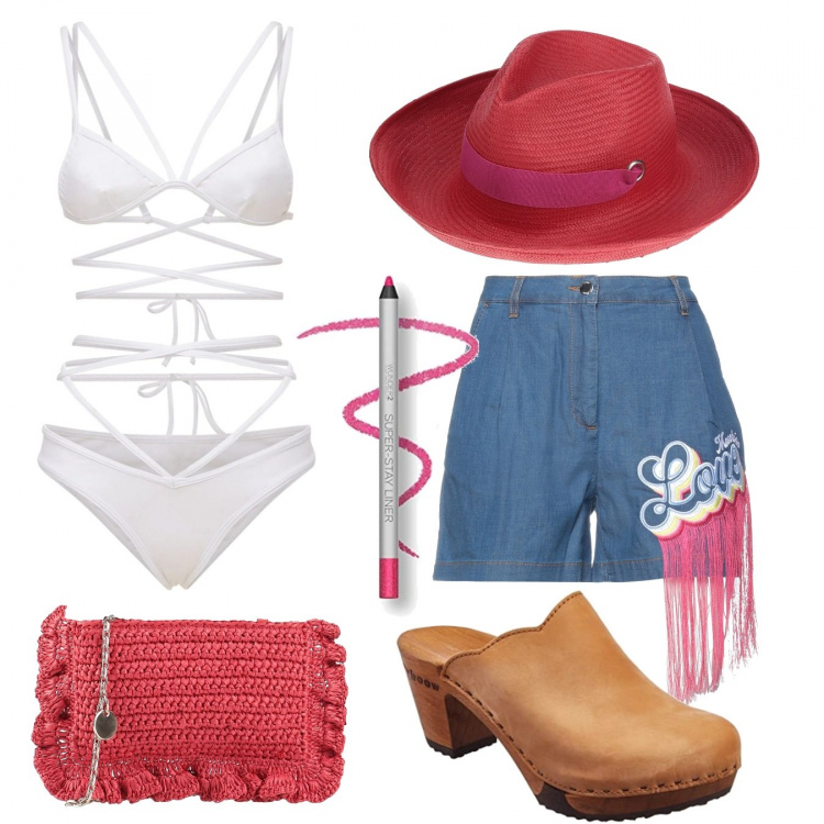 Outfit donna - Supermodel. Stile Boho per Mare. Abbinamento con borse a tracolla, shorts, cappelli, zoccoli, bikini, eyeliner.