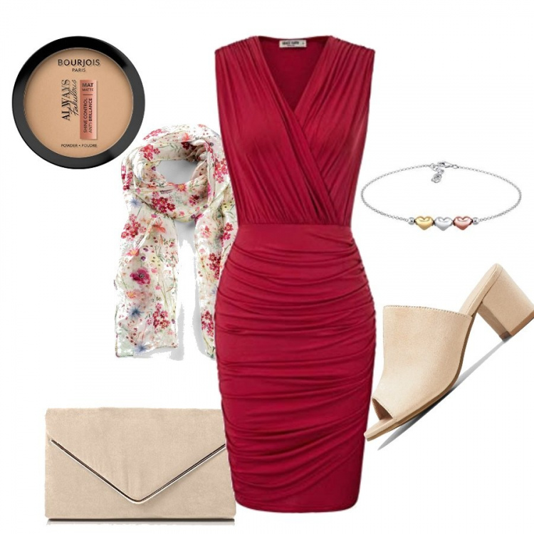Outfit donna - Abito rosso un classico. Stile Sexy per Serata fuori. Abbinamento con foulard, sandali col tacco, vestiti a tubino, braccialetti, pochette, ciprie.