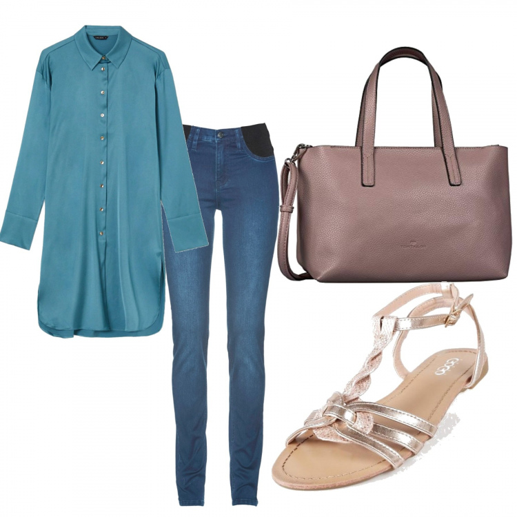 Outfit donna - Casual. Stile Basic per Tutti i giorni. Abbinamento con jeans skinny, sandali in pelle, camicie, borse tote.