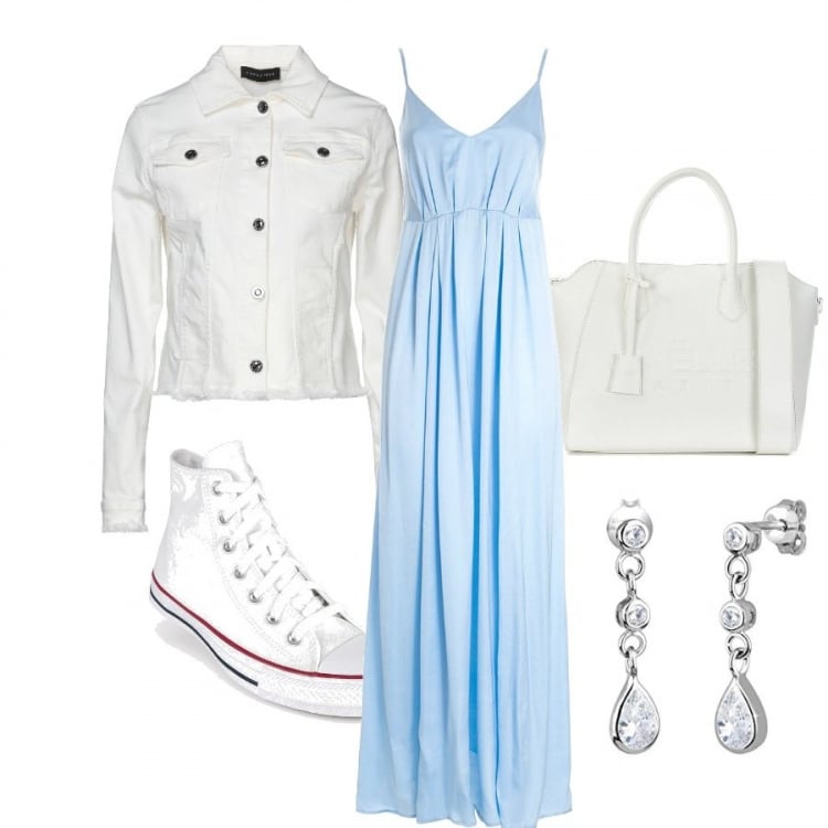Outfit donna - Abito lungo e Converse. Stile Casual chic per Tutti i giorni. Abbinamento con giacche, sneakers alte, borse a mano, vestiti lunghi, orecchini.