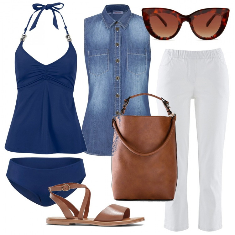 Outfit donna - Un giorno in barca. Stile Casual per Mare. Abbinamento con pantaloni, shopping bag, costumi interi, camicie, sandali in pelle, occhiali da sole.